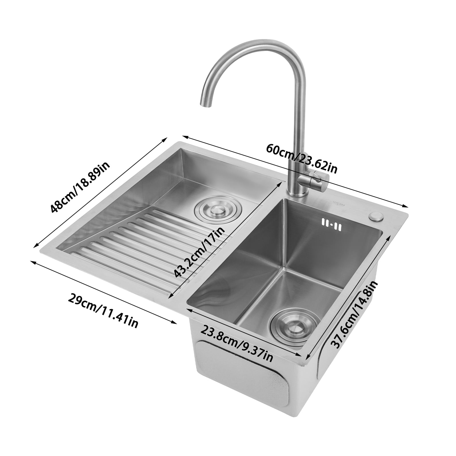 Wildnix Durable 304 Stainless Steel Utility Sink Laundry Tub with Double Basin Design, Tilted Wave Washing Board, Anti-Condensation Coating, Easy Drainage