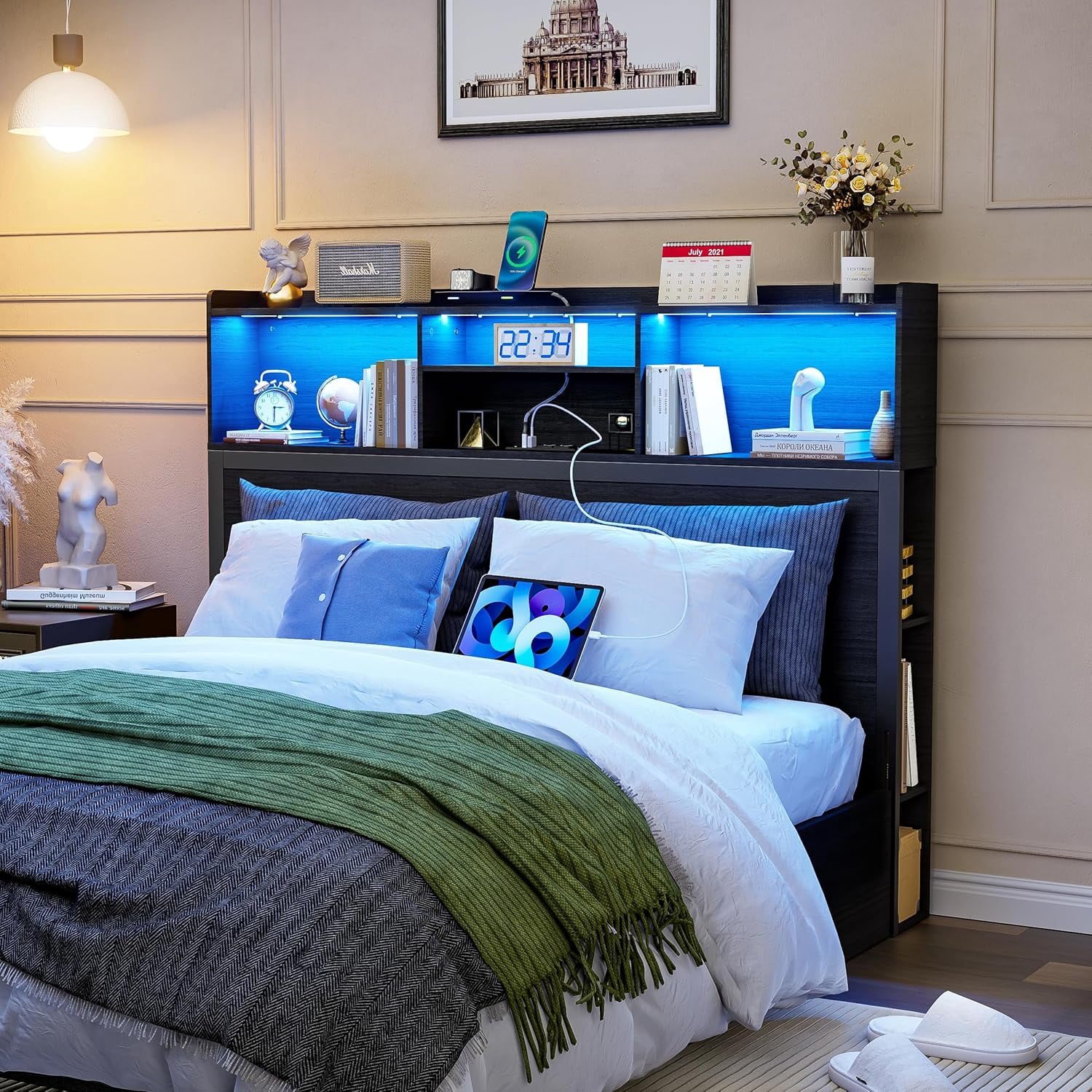 PAKASEPT Queen Headboard Only for Bedroom, Stylish Bookcase Headboard with Outlets, USB Ports and LED Light, Queen Headboards with Storage, 4-Tier Bookcase Headboard and Side Storage