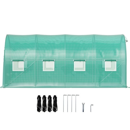 KFFKFF Portable Greenhouse Tunnel, Dimensions 15 x 7 x 7 ft, Comes with Galvanized Steel Rods, Single Upper Beam, Cross Poles, Door with Zipper & Eight Windows that Roll-up, Color Green