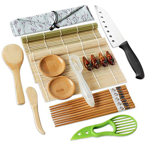 Sushi Making Kit with Rolling Mat Bamboo Chopsticks Sauce Tray Slicer Paddle,Spreader,Sushi Knife Chopsticks Holder,Cotton Bag for Sushi making.