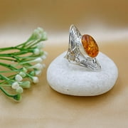 Real 925 Sterling Silver Ring, Genuine Amber Gemstone Finger Rings, Handmade Designer Filigree, Fashion Jewelry for Gifts, Rings for Men Women, Size 7