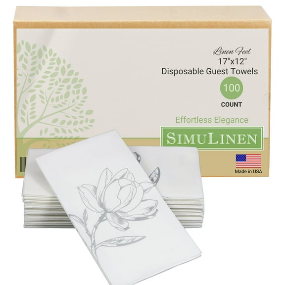 SimuLinen 12"x17" Disposable Guest Hand Towels - Silver Magnolia Design - 100ct