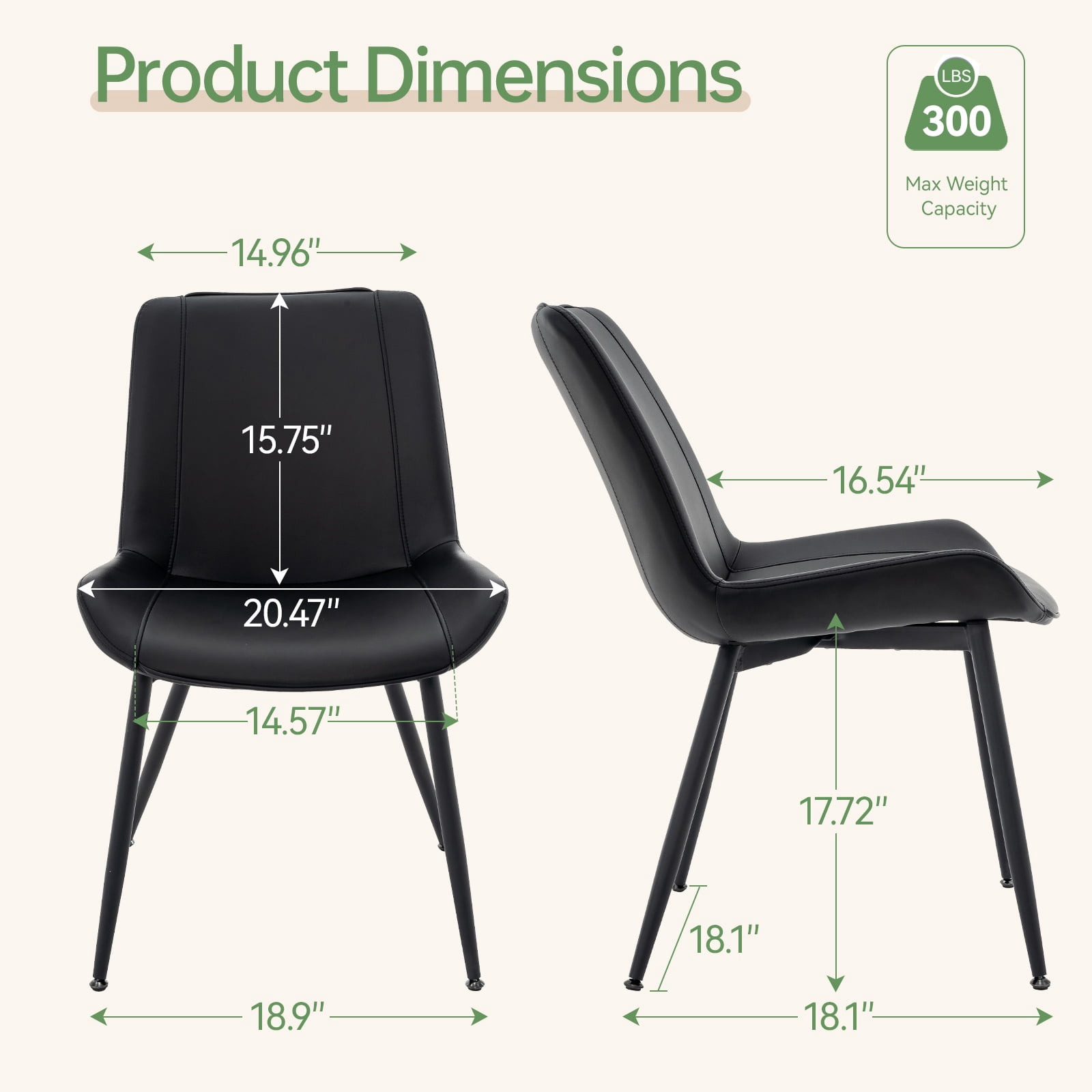Modern Faux Leather Dining Chairs Set of 2, Upholstered Kitchen & Dining Room Chairs with Backrest, Durable Metal Legs (Black, Black Legs)