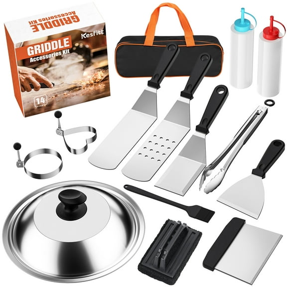 Griddle Accessories Kit, 14PCS Flat Top Grilling Accessories Set for Blackstone and Camp Chef, with Enlarged Spatulas, Basting Cover, Scraper, Tongs, Essential Outdoor BBQ Accessories