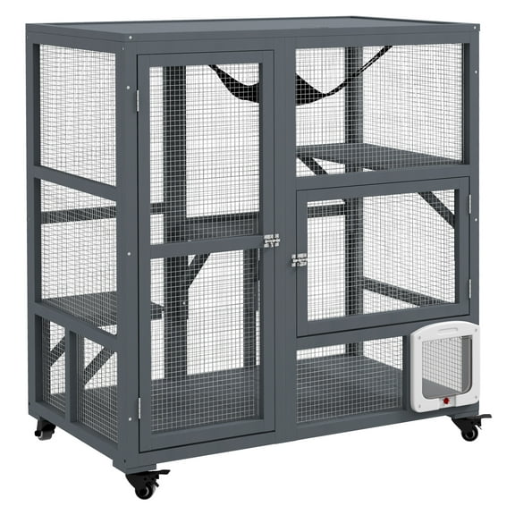 Cat House Indoor, Cat Enclosure on Wheels, Wooden Kitty Cage with Door & Hammock for 2 Cats, 39"