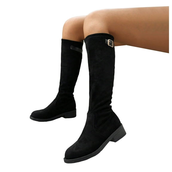 Black Knee High Boots for Women Suede Buckle Platform Chunky Low Heel Winter Fall Tall Riding Boots