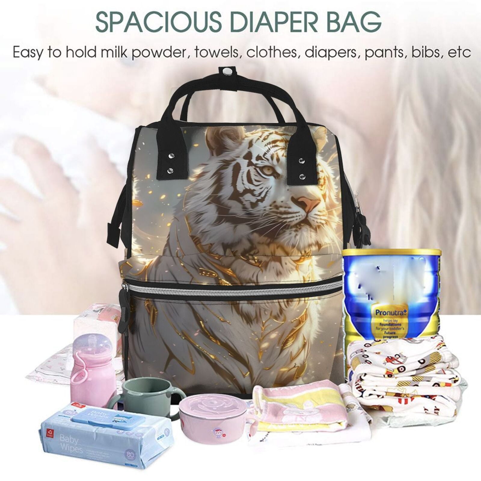 Ratiio Golden White Tiger Mummy Backpack - Waterproof Twill Canvas, Large Capacity Diaper Bag with Multiple Pockets and Adjustable Straps