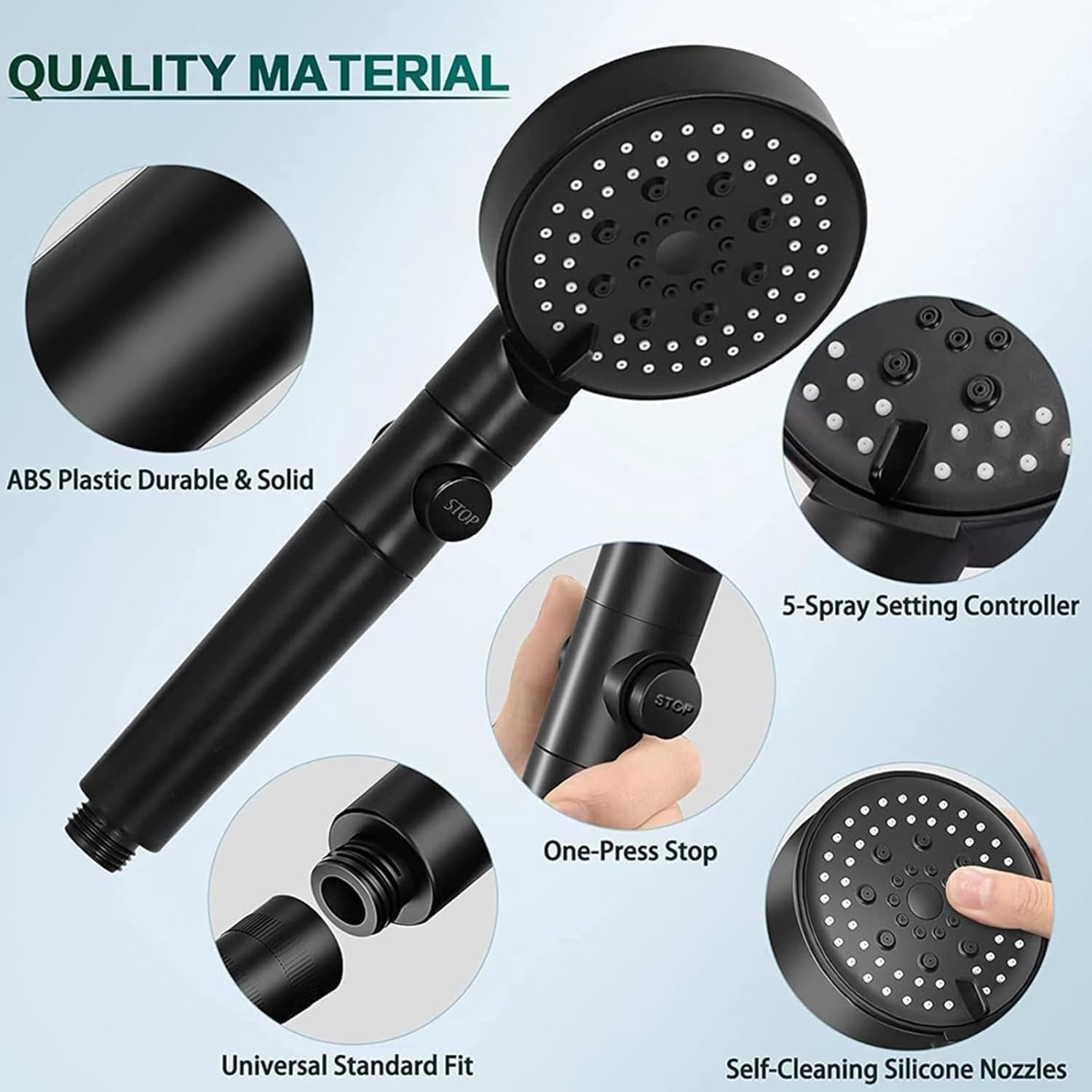 High Pressure RV Shower Head, 5 Mode Filtered Handheld Showerhead Set with One-Click Switching, 59" Hose & Adhesive Bracket for Home Bathroom Travel Trailer
