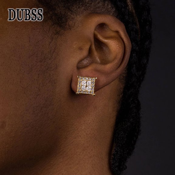 Dubss 12MM Square Baguette Zircon Stud Earring Silver Color Charm Screw Back Women Men's Earrings Fashion Hip Hop Jewelry