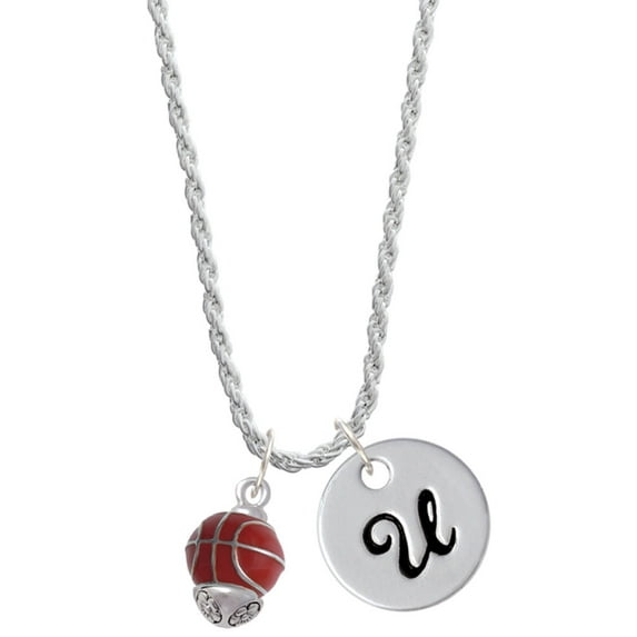 Delight Jewelry Silvertone 3-D Enamel Basketball Spinner Silvertone Script Initial Disc - U - Charm Necklace, 20"+3"