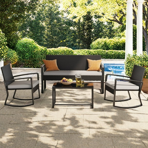 4-Piece Patio Furniture Set with Rocking Chairs and Loveseat and Tempered Glass Table for Outdoor & Garden in Gray