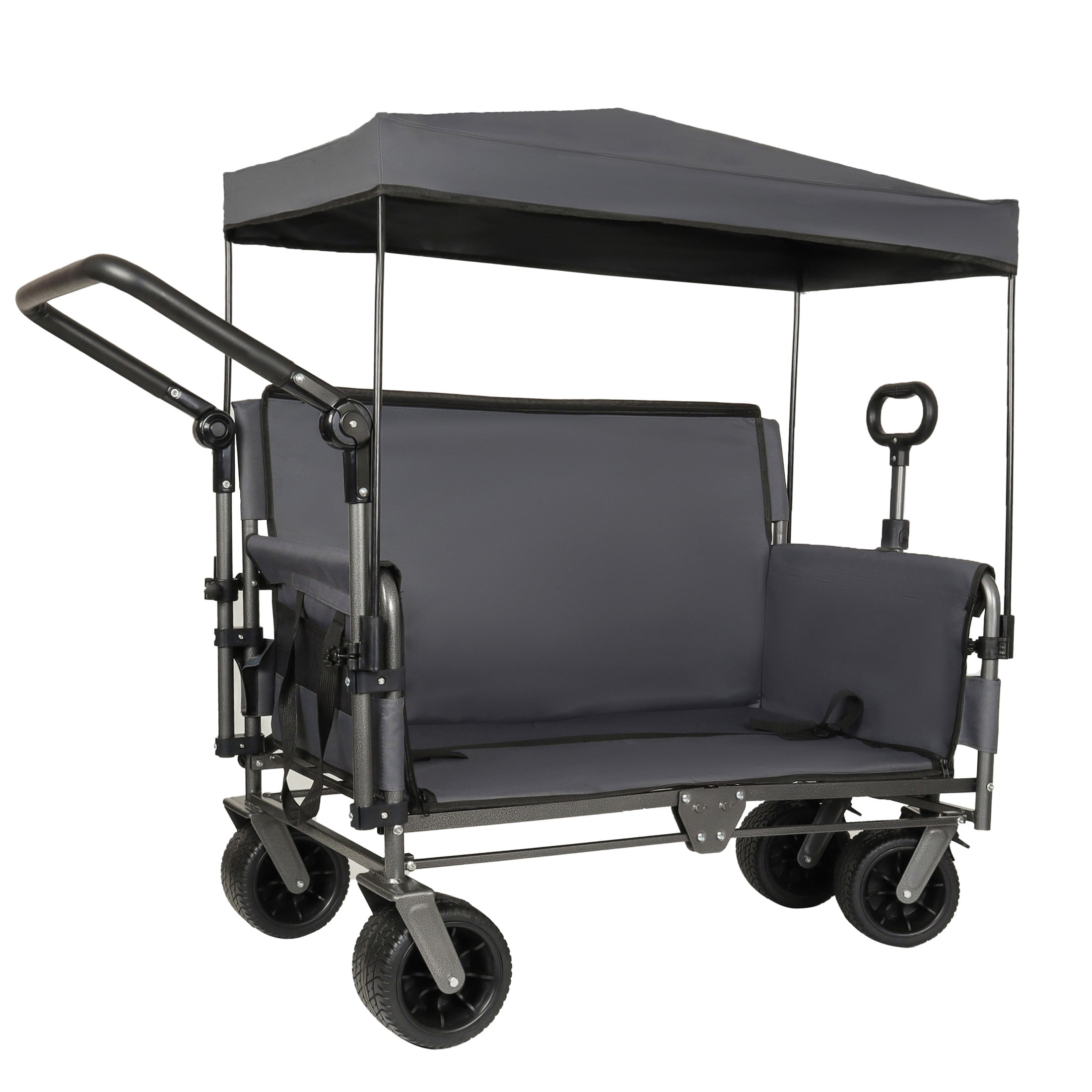 GDF Studio 3-in-1 Folding Wagon Cart with Bench Seat, Detachable Canopy, and Storage, Heavy-Duty Utility Wagon, Gray