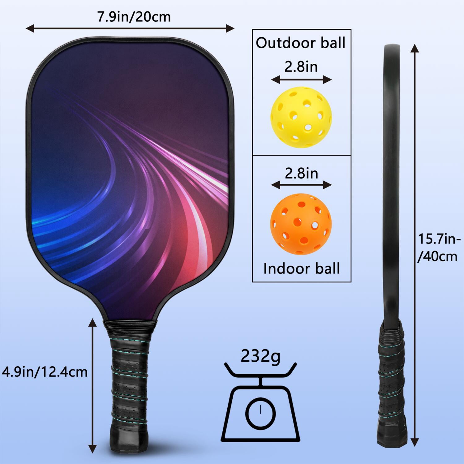 Pickleball Paddles Set Of 2, Fiberglass Surface, Thunder, Speed Print, 4 Balls & Bag