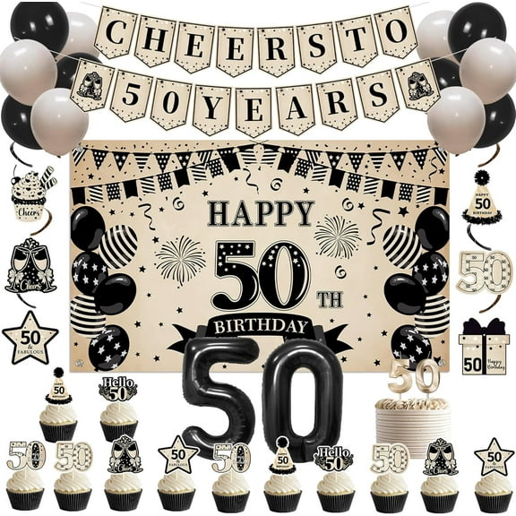 Vintage 50th Birthday Decorations for Men Women, 50th Birthday Party Decorations, 50th Birthday Backdrop Banner, Cake Topper, Hanging Swirl, Vintage 50 Year Old Birthday Party Supplies
