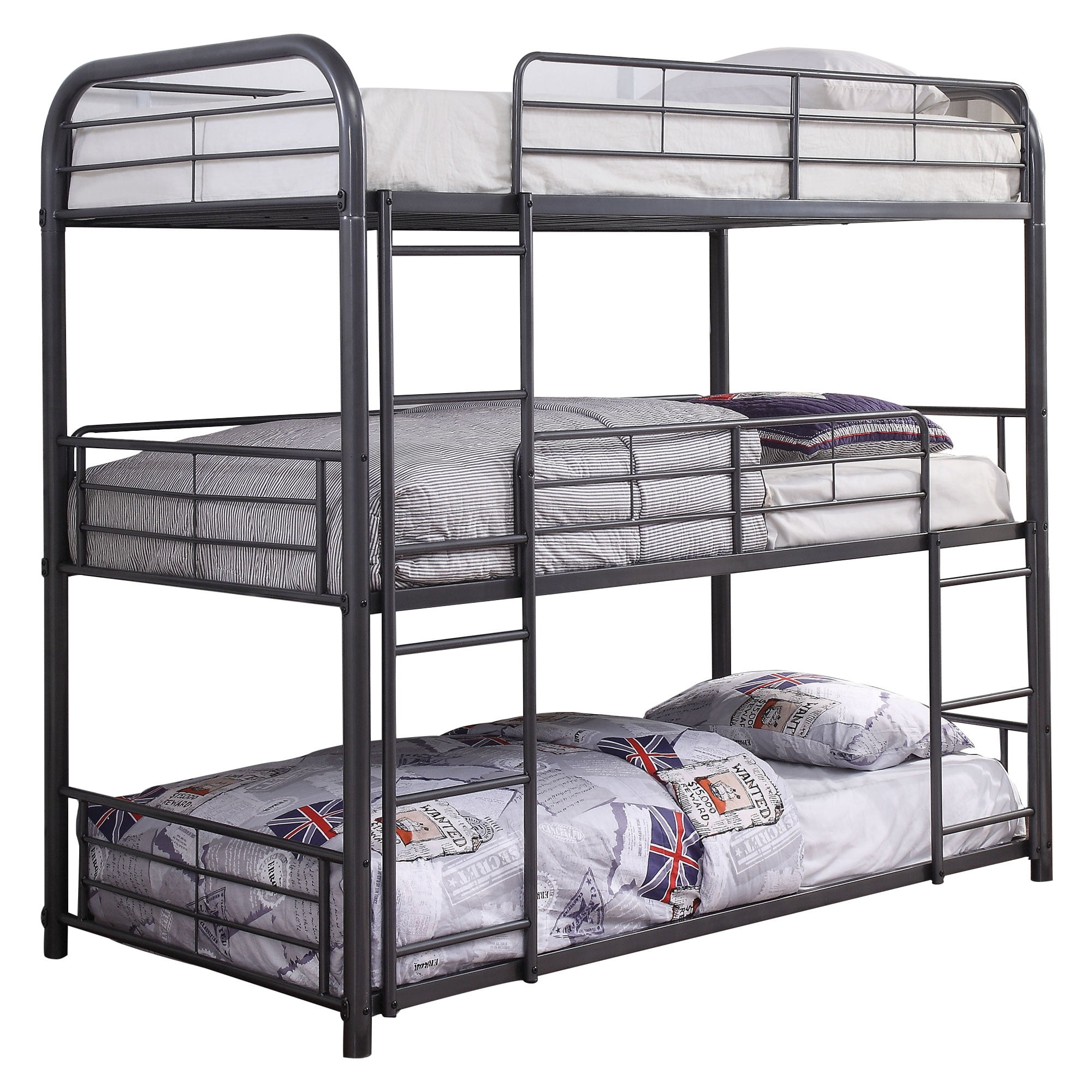 Metal Triple Twin over Twin Size Bunk Bed with BuiltIn Ladders, Gray