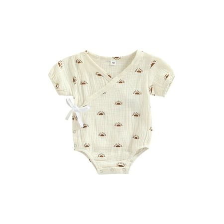 

Calsunbaby Infant Baby Boys Girls Kimono Romper Short Sleeve Sun Print Wrap V Neck Bodysuit Robe Japanese Pajamas Apricot 12-18 Months