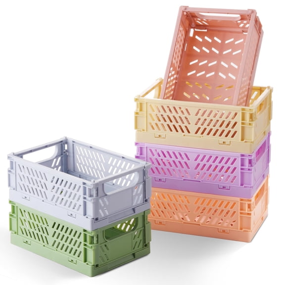 6-Pack Collapsible Small Plastic Storage Baskets, 5.9"x3.8"x2.2" | Pastel, Space-Saving, Collapsible Plastic Bins, Cute Mini Storage Crates, for Kitchen, Office, Bedroom