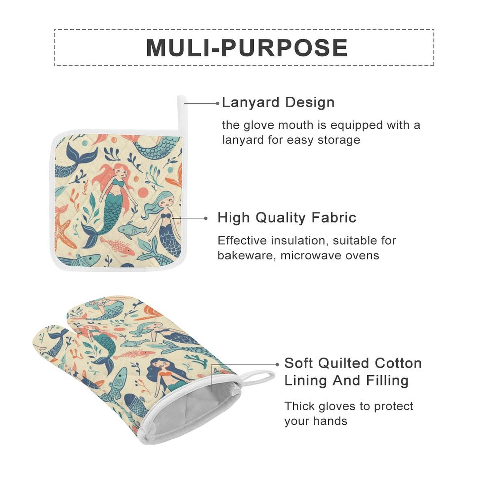 Ocean Cute Mermaid Oven Mitt And Pot Holder Set Oven Glove for Kitchen Baking Cooking Grilling