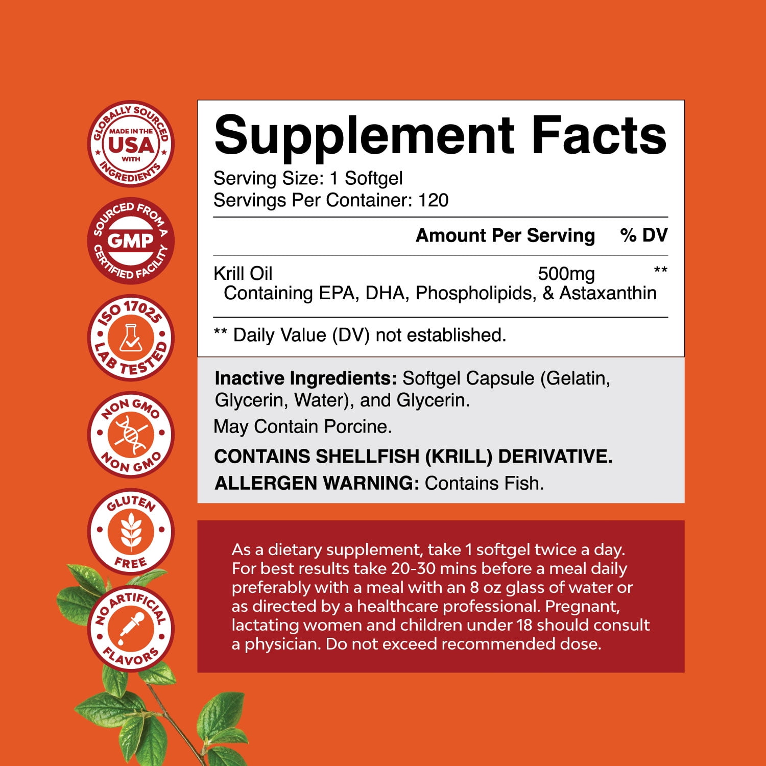 Natures Craft Antarctic Krill Oil 500mg Softgels, High Absorption Omega 3 Supplement, Bone & Joint Health, 120 Count