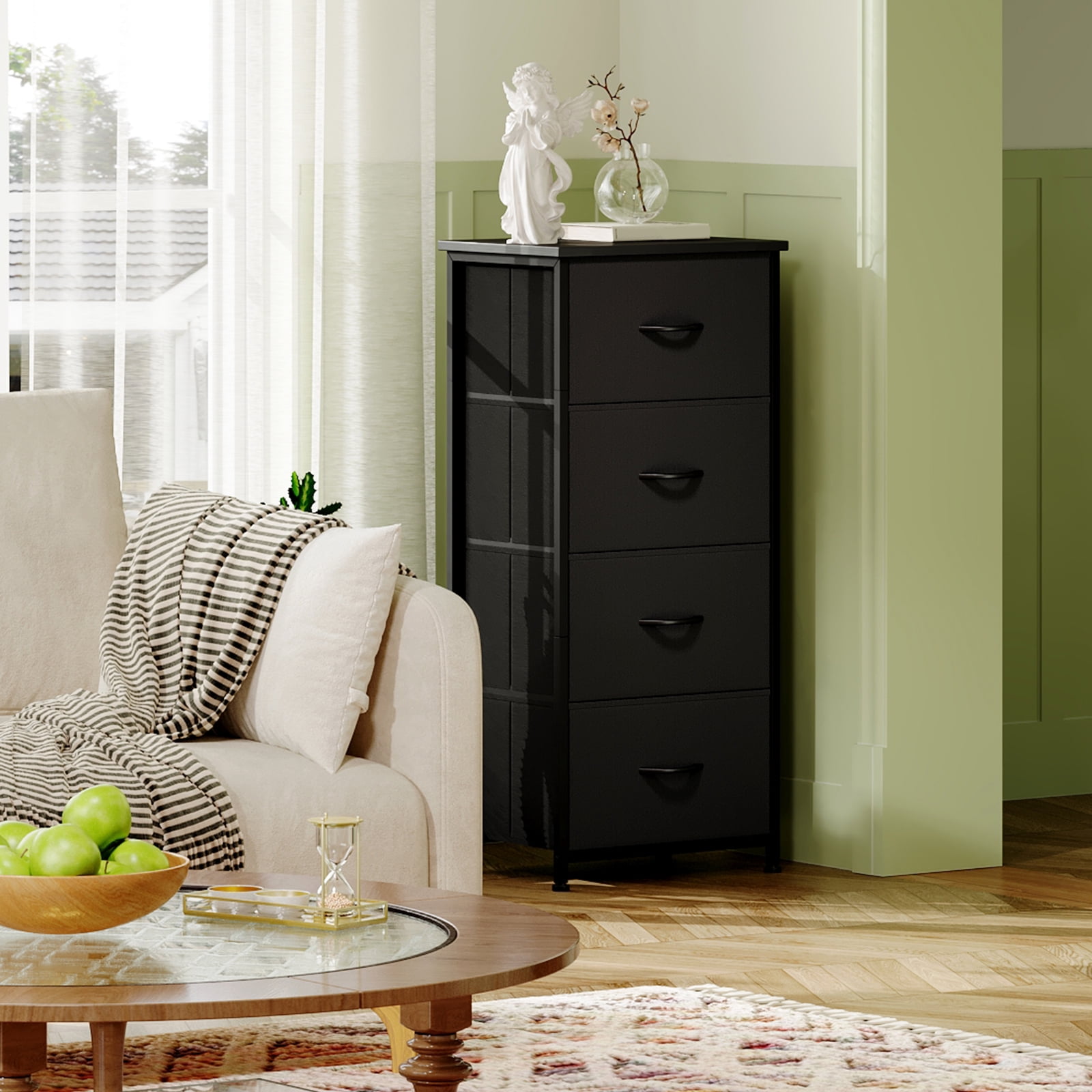 Eunos 4 Drawer Dresser, Chest of Drawers Fabric Vertical Tall Nightstand for Bedroom, Black
