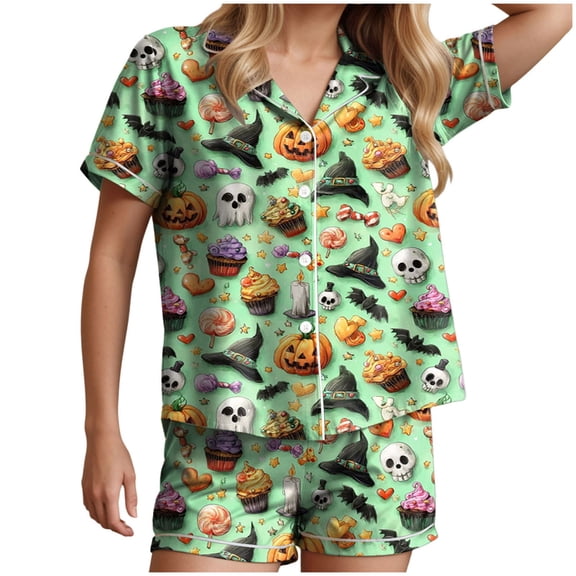 Halloween Pajama Set for Women 2025 Graphic Button Up Sleepwears Ladies Ctue 2 Piece Top and Shorts Pjs Sets - Short Sleeve V Neck