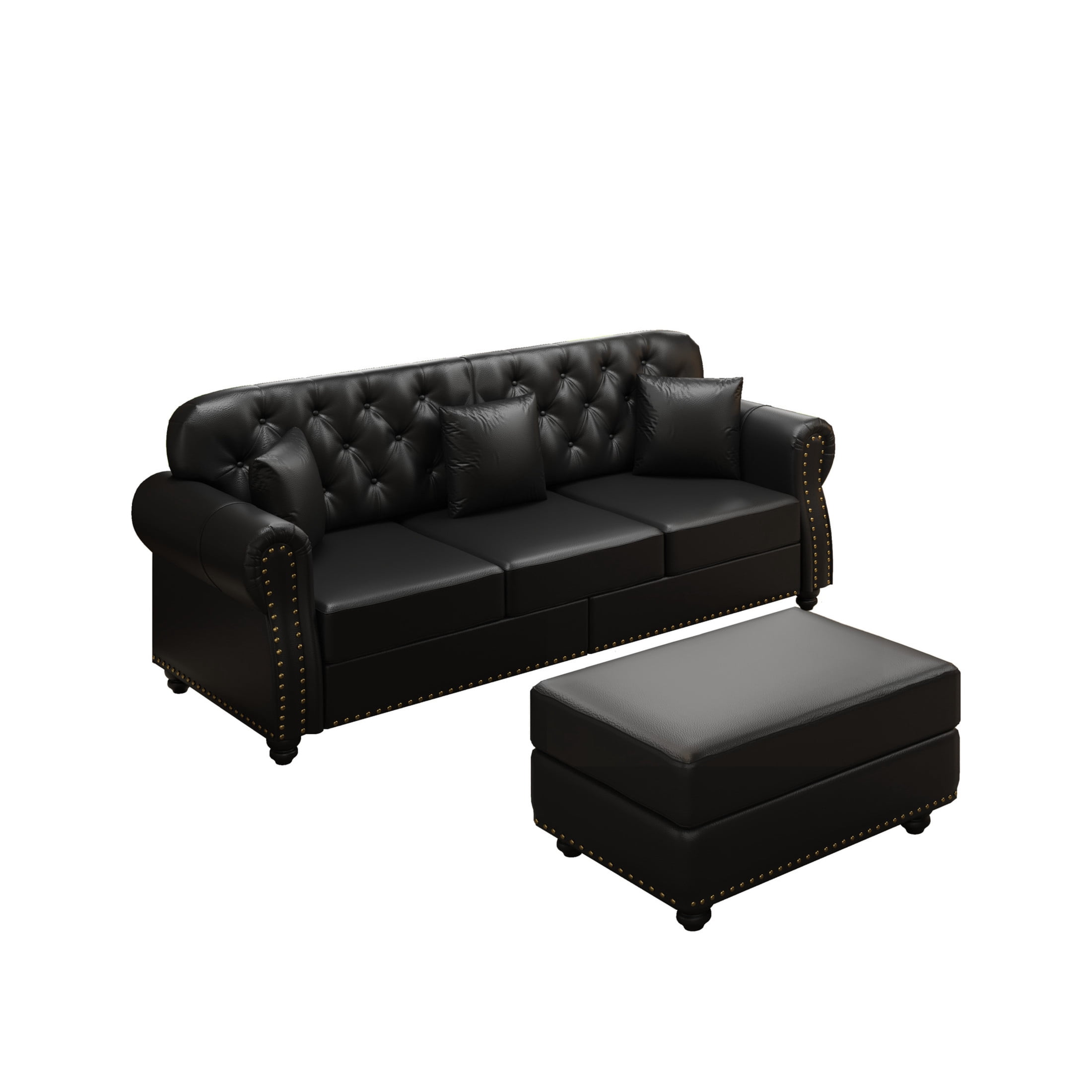 Noble House 82.6" Upholstered Faux Leather Chesterfield Sofa, Button Tufted Couch with Pillows and Nailheads, Black