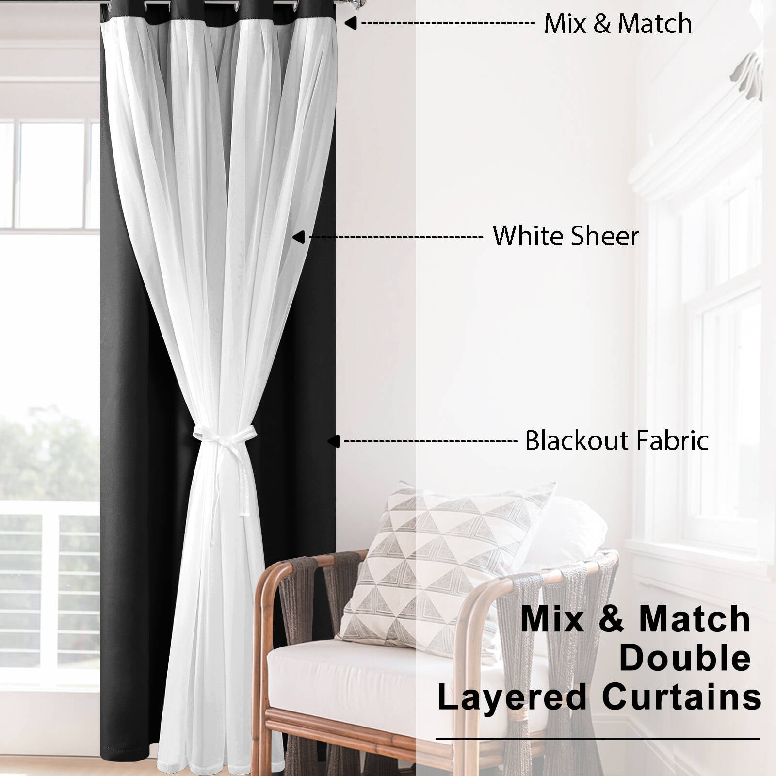 Hiasan Black Blackout Curtains with Sheer Overlay, Grommet Thermal Insulated Mix & Match Double Layer Window Curtains for Bedroom, Living Room, 2 Drape Panels Swen with Tiebacks, 42W X 84L