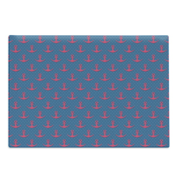 Anchor Cutting Board, Pink on Blue Polka Dotted Background Retro Nautical Pattern Print, Decorative Tempered Glass Cutting and Serving Board, Large Size, Magenta Violet Blue, by Ambesonne