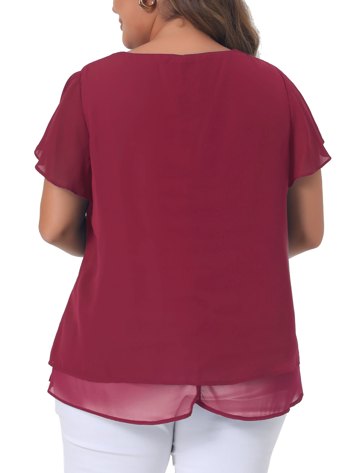 DARING DIVA Women's Plus Size Ruffle Short Sleeve V Neck Chiffon Blouse 2X Burgundy