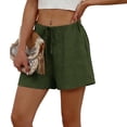 thumbnail image 4 of Cotton Linen Shorts for Women Elastic Waist Drawstring Summer Beach Shorts with Pockets Army Green L, 4 of 8