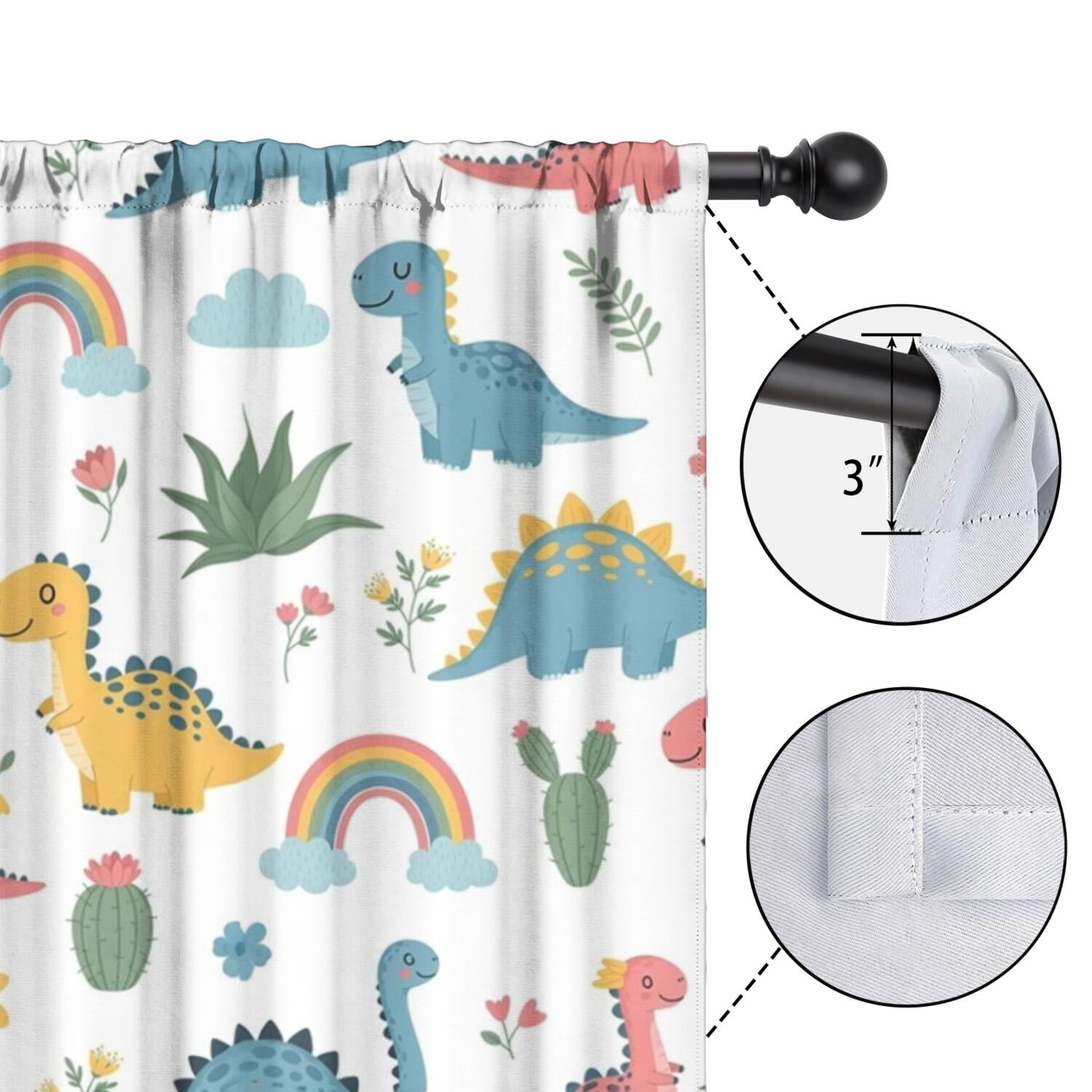 Blackout Kids Curtains,White Dinosaurs Rainbows Plants Pattern Childrens Insulated Curtains Set Of 2,Bedroom Essentials,Toddler Room Decor 42"x84"