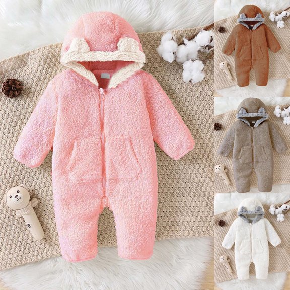 Faraee Unisex Baby Sherpa Fleece Snowsuit Infant Bear Ear Hooded One Piece Zip Up Winter Romper Soft Plush Jumpsuit with Front Pocket for Toddler Boys Girls 0 to 24M Cold Weather Daily Outerwear