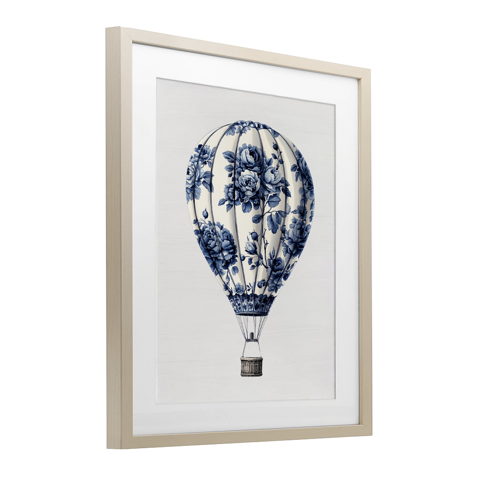 Vintage Toile Hot Air Balloon Birch Framed Print Under Glass, design by Lettered and Lined