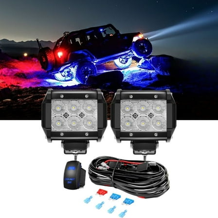 Waywe 2PCS 18W LED Pods Flood Light Bar Fog Light Driving Lighting with 12V 5Pin Rocker Switch Off Road Wiring Harness-2 Leads for Truck Golf Cart SUV ATV UTV Boat