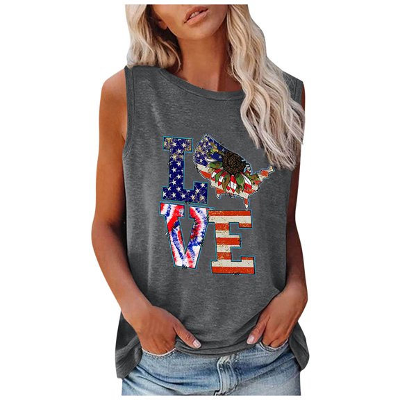 AnuirheiH American Flag Crop Tank Tops for Women 4th of July Clothes Sleeveless Patriotic Shirts Women's Fashion Round Neck Independence Day Printing Sleeveless Tops