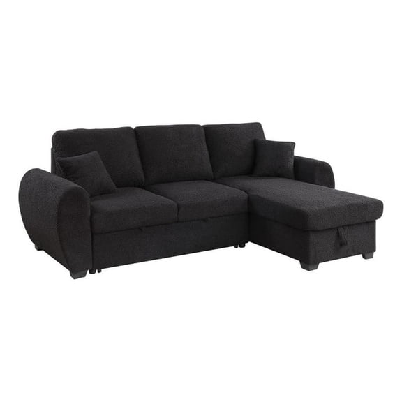 Benjara 95" Sleeper Sectional Sofa with Storage Chaise- Black Teddy Fleece