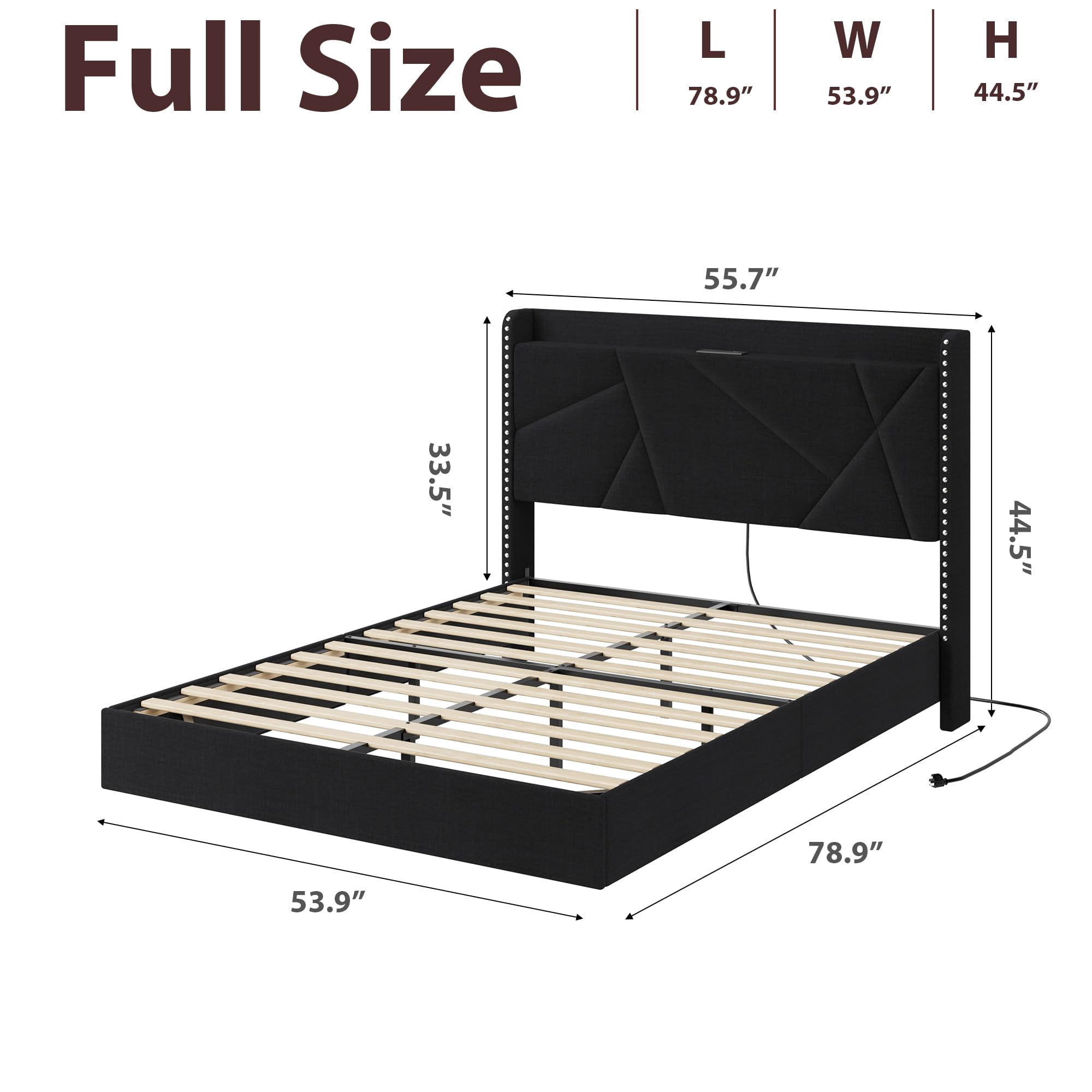 Huisuilinss Floating Bed Frame Full,Queen Size Upholstered Platform Bed With LED Lights & Charging Station,Storage Headboard & Folding Shelves Storage,Metal Slats Support,No Box Spring Needed