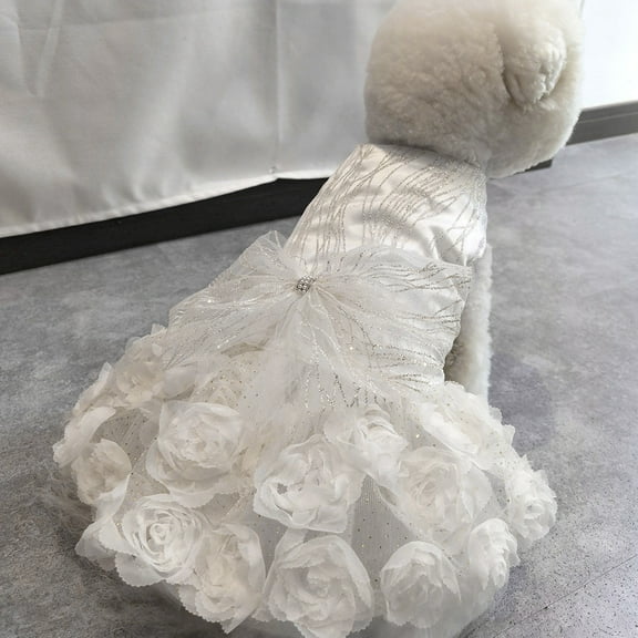 shenmeida Dog Dress Tutu Skirt for Small Medium Girl Dogs Puppy,Sweet Dog White Princess Dresses with Bowknot and Rose Decor,Pet Costume Summer Apparel Formal Clothes for Wedding Party Holiday