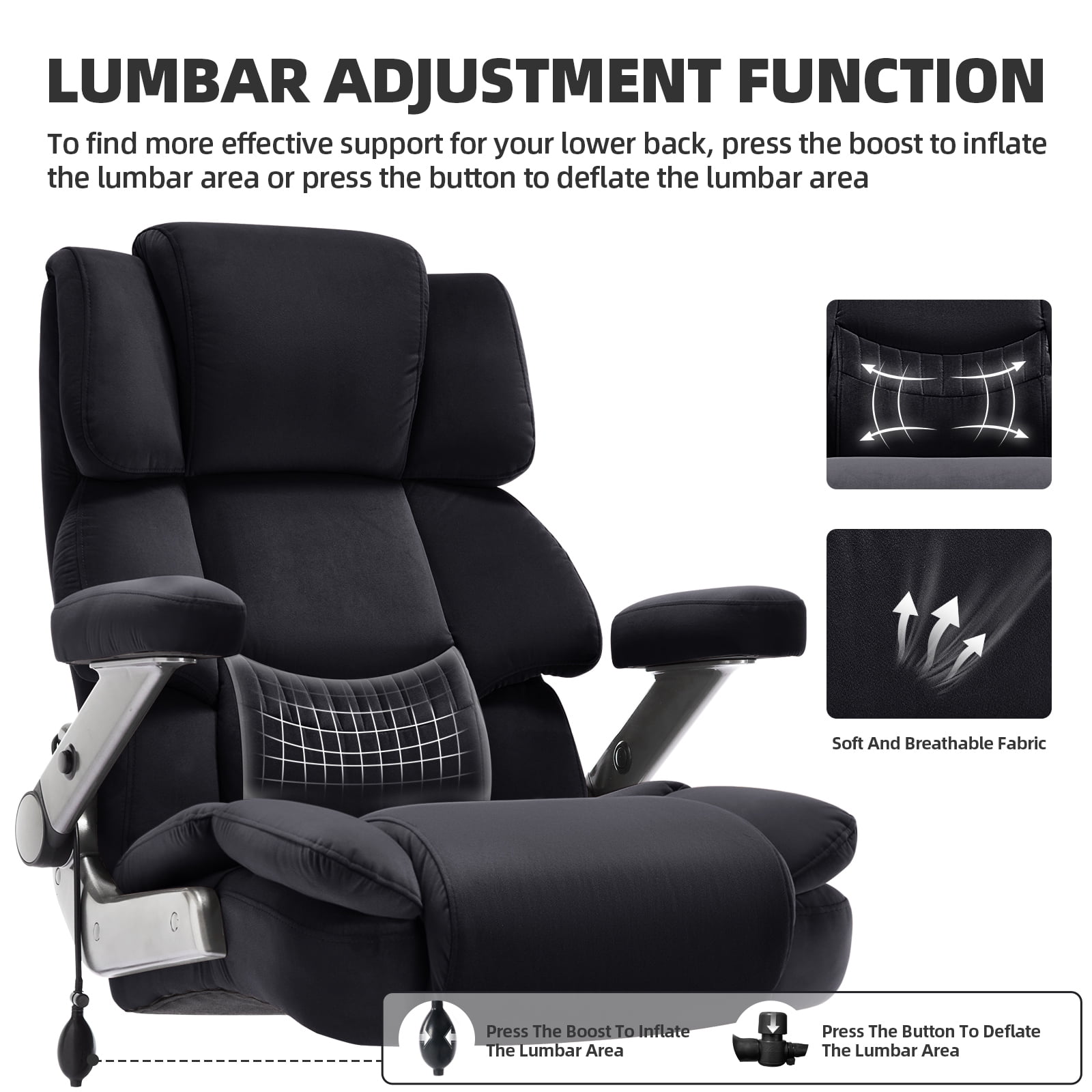 Big and Tall 700lbs Office Chair, Fabric Heavy Duty Executive Chair with 3D Flip up Armrests Adjustable Lumbar Support Large Rubber Wheels, Extra Wide High Back Computer Desk Chair, Black