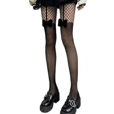 

QUSENLON Women Japanese Gothic Fishnet Pantyhose Fake Garter Belt Suspenser Mesh Tights Lolita Sweet 3D Velvet Bowknot See Through Stockings Lingerie