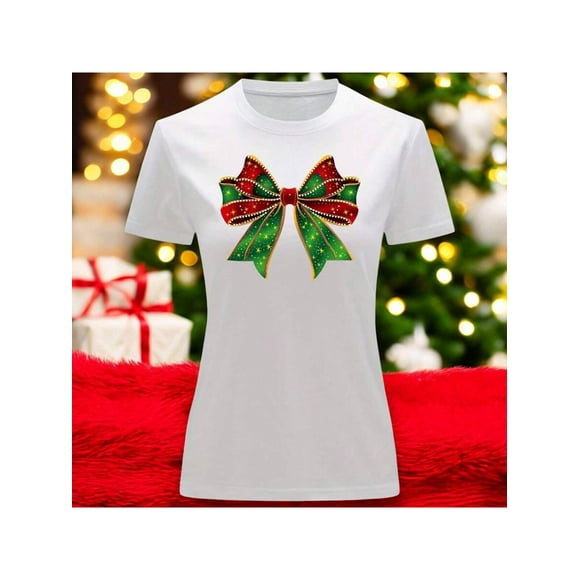 Playera Blusa Con Estampado De Moño Navideño Ropa Para Mujer Color Blanco Talla Mediana Marca Emil SaEs