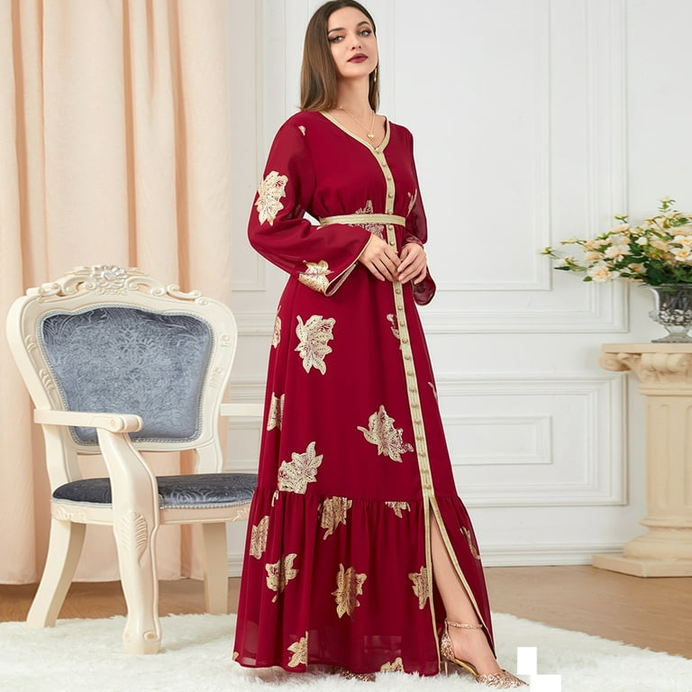 FYMNSI Womens Ethnic Printed Abaya Evening Dress Long Sleeve V-neck Eid  Dress Moroccan Kaftan Muslim Maxi Dress M Red - Walmart.com