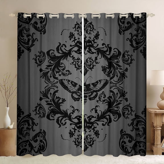 Homewish Rustic Victorian Flower Black Out Curtains,Baroque Damask Pattern Curtains Pack of 2 (42x63 Each),Gothic Moth Bedroom Curtains For Adult,Luxury Bedroom Decor