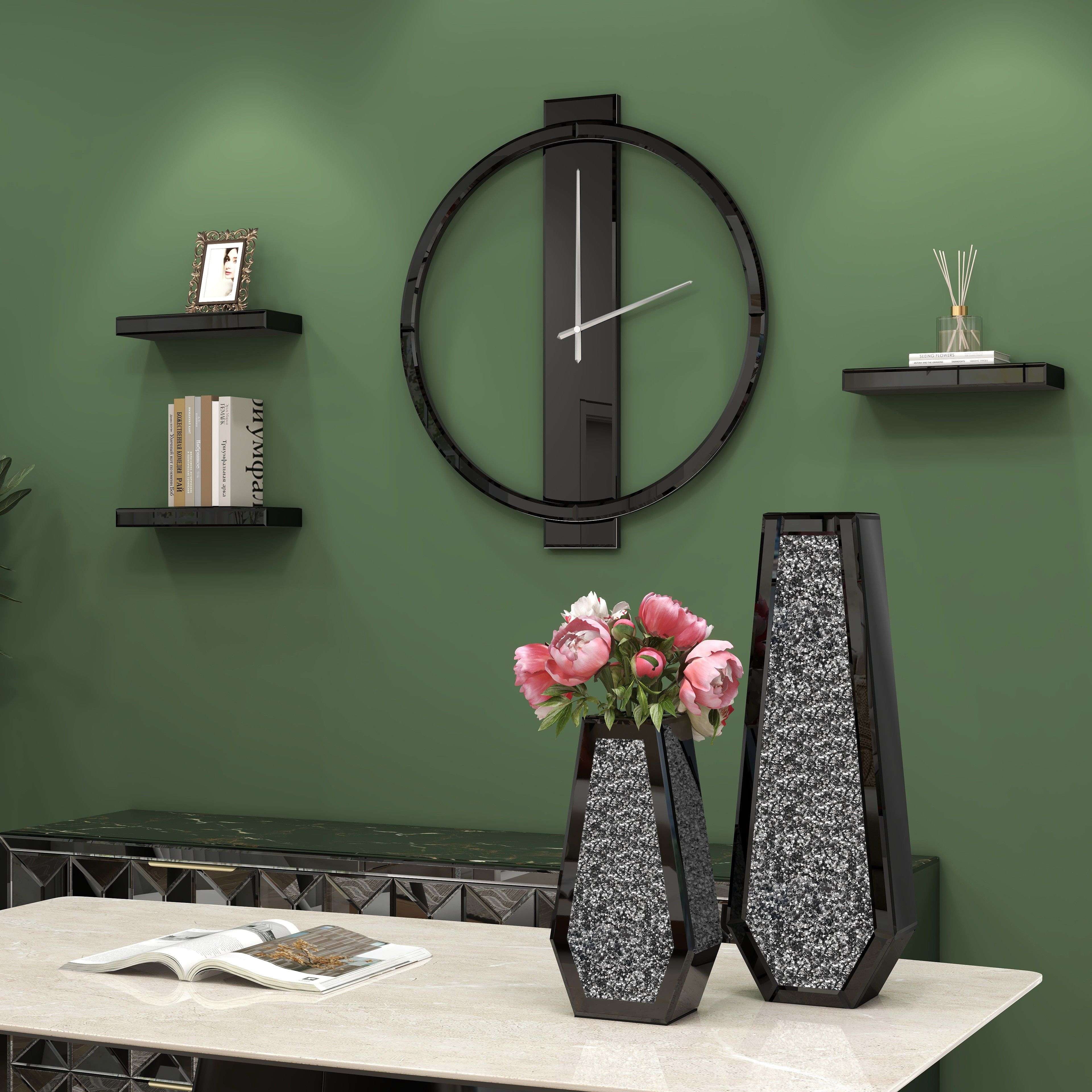 SHYFOY Black Wall Clock Decorative Large Clock for Living Room Decor Modern Mirror Clock Wall Decor for Office Bedroom Fireplace Decor