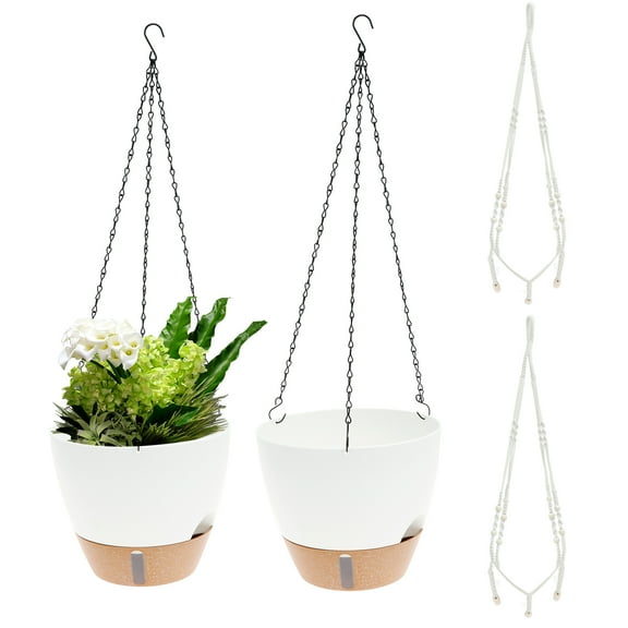 10 Inch Hanging Planters for Indoor Plants, 2 Pack Self Watering Hanging Baskets Flower Pots with Drainage Hole, Visual Reservoir & 2 Kinds of Plant Hanger for Outdoor Garden Home Decor