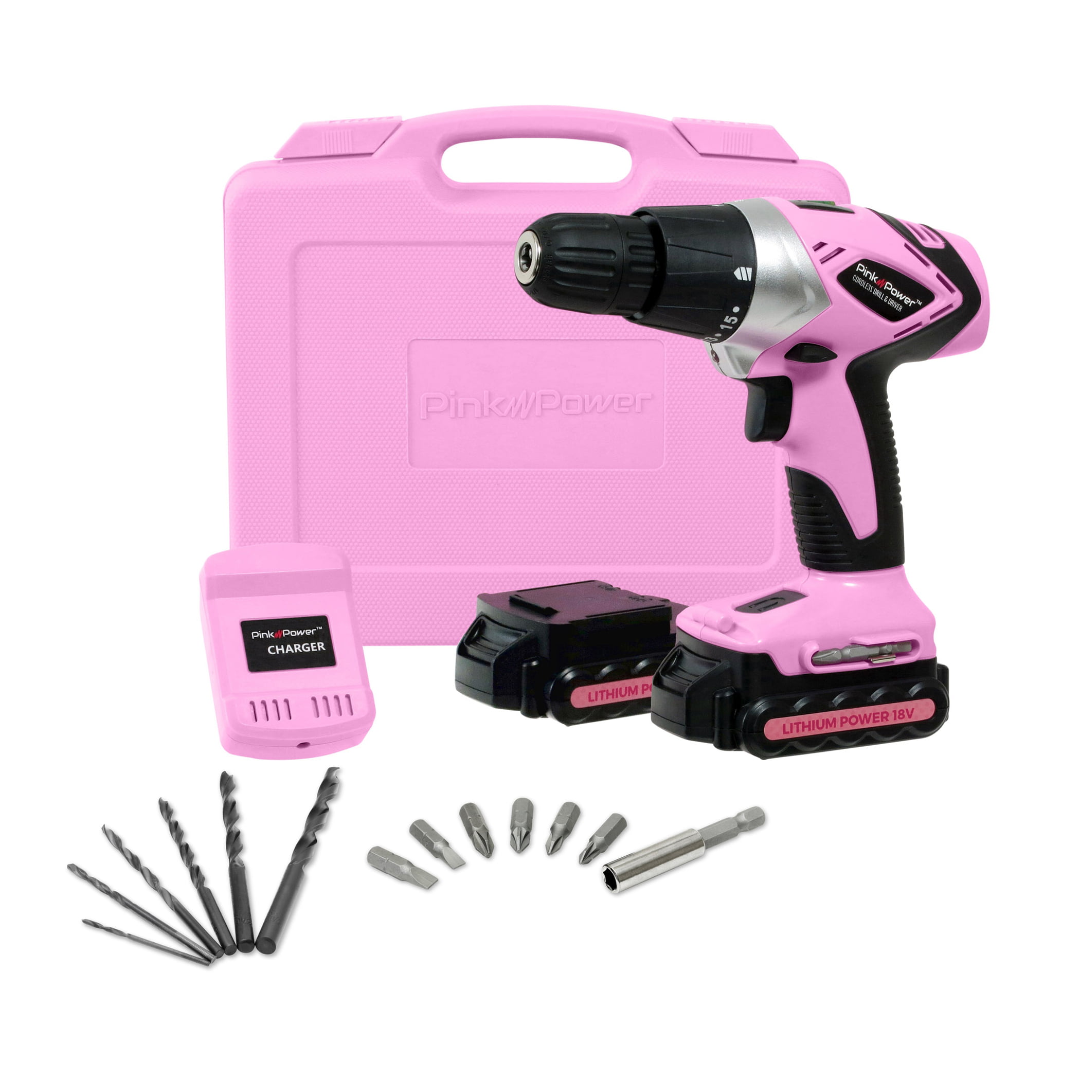 Tool Case 2 Batteries & Charger PTPP182LI Pink Power PP182LI 18 Volt Lithium-Ion Cordless Electric Drill Driver Kit for Women Drill Set 