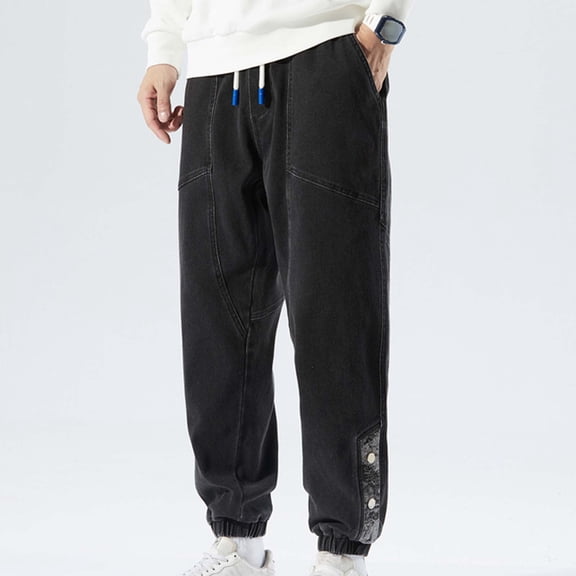 Baggy Jeans for Men Straight Leg Elastic Waist Denim Pants Vintage Solid Comfy Lightweight Outdoor Hiking Pants with Pocket Black L