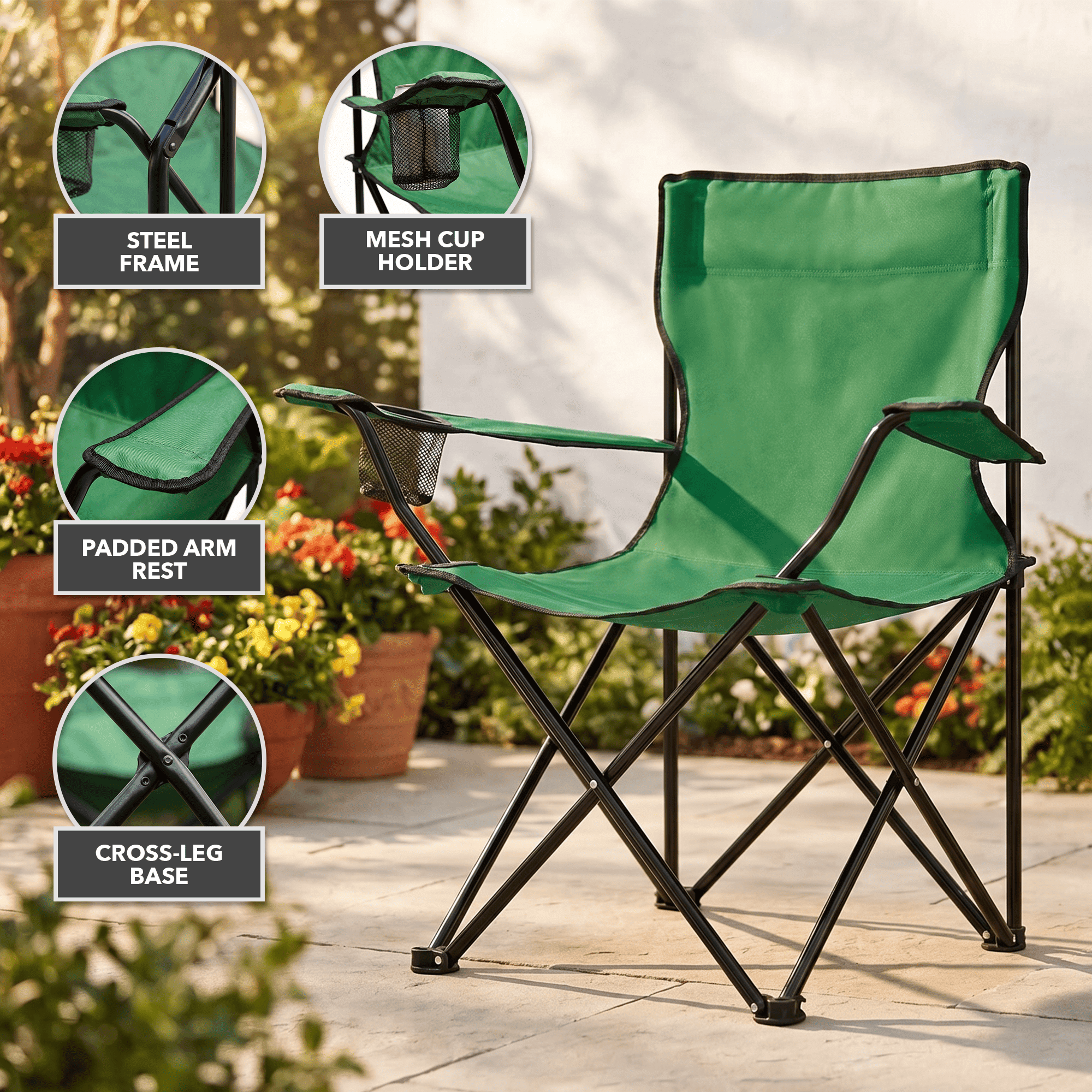 OVENTE Portable Camping Folding Chair with Heavy Duty Steel Frame, Arm Rest, Mesh Cup Holder and Carry Bag, Outdoor Foldable Seat Ideal for Fishing, Hiking, Travel, Picnic and Beach, Green CHR001G