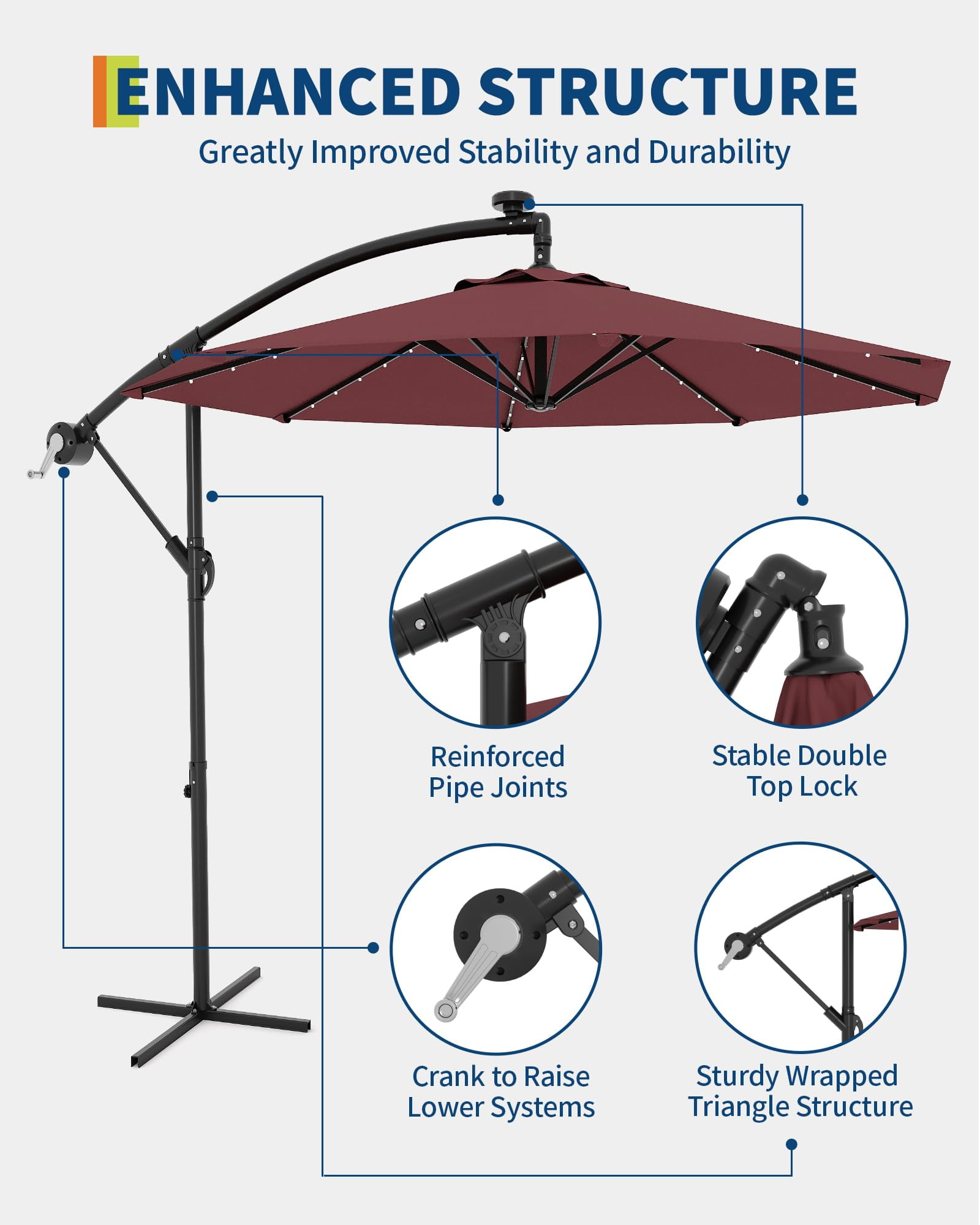 10ft Solar LED Offset Hanging Market Patio Umbrella for Backyard, Poolside, Lawn and Garden w/Easy Tilt Adjustment, UV Protection, Sturdy 8 Ribs - with 32 LED Lights