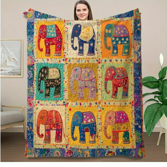 1pc Bohemian Elephant Patchwork Quilt Blanket - Soft Flannel Fabric, Vibrant Multicolor Elephant Design, All-Season Cozy Throw for Sofa Bed Camping Travel, Home Decor Gift, Detailed Patchwork, Elepha